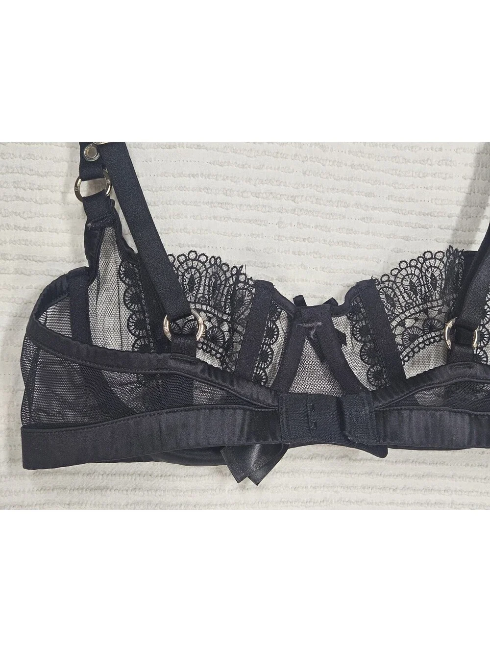 honey birdette Miss Soo Bra 10C 32C Black Boned Balconette Satin Lace Rare Luxe